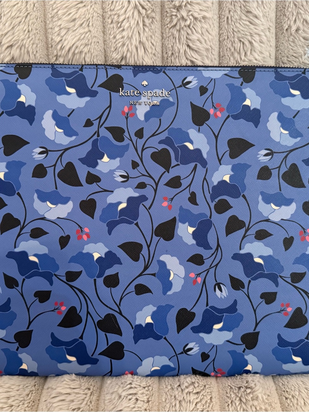 kate spade Blue Floral Zip Pouch with Black Vines and Red Accents